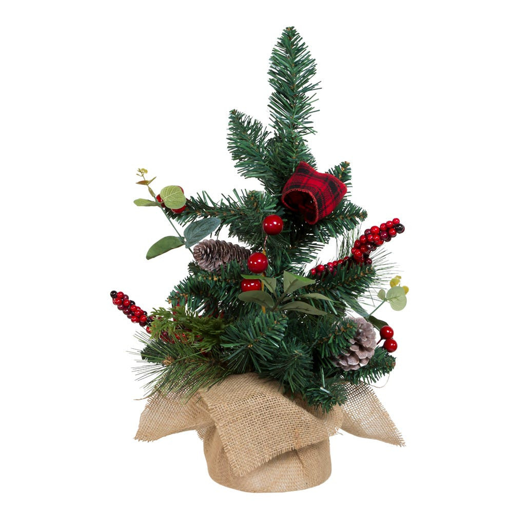 18" Un-Lit Green Tree With Berries and Pinecone Ribbon