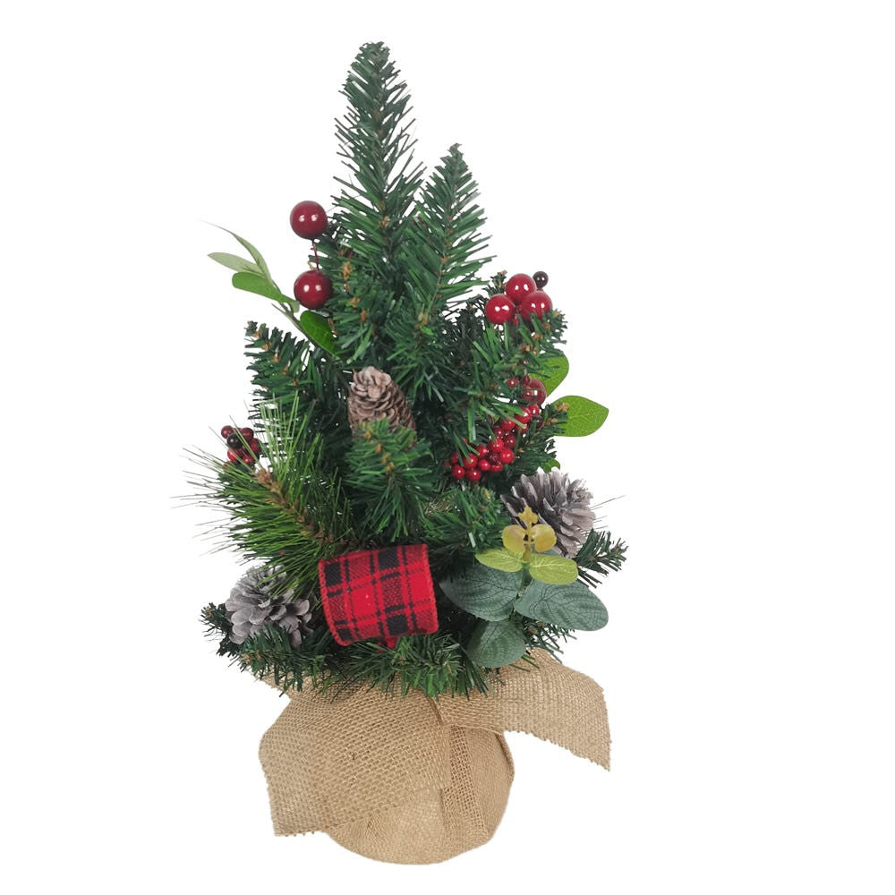 18" Un-Lit Green Tree With Berries and Pinecone Ribbon