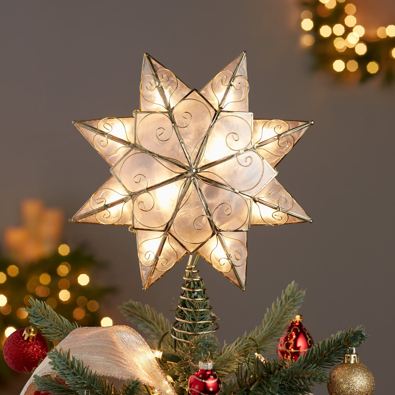 9.27" UL 10L 8-Point Capiz Gold Star With Arabesque Decoration Treetop