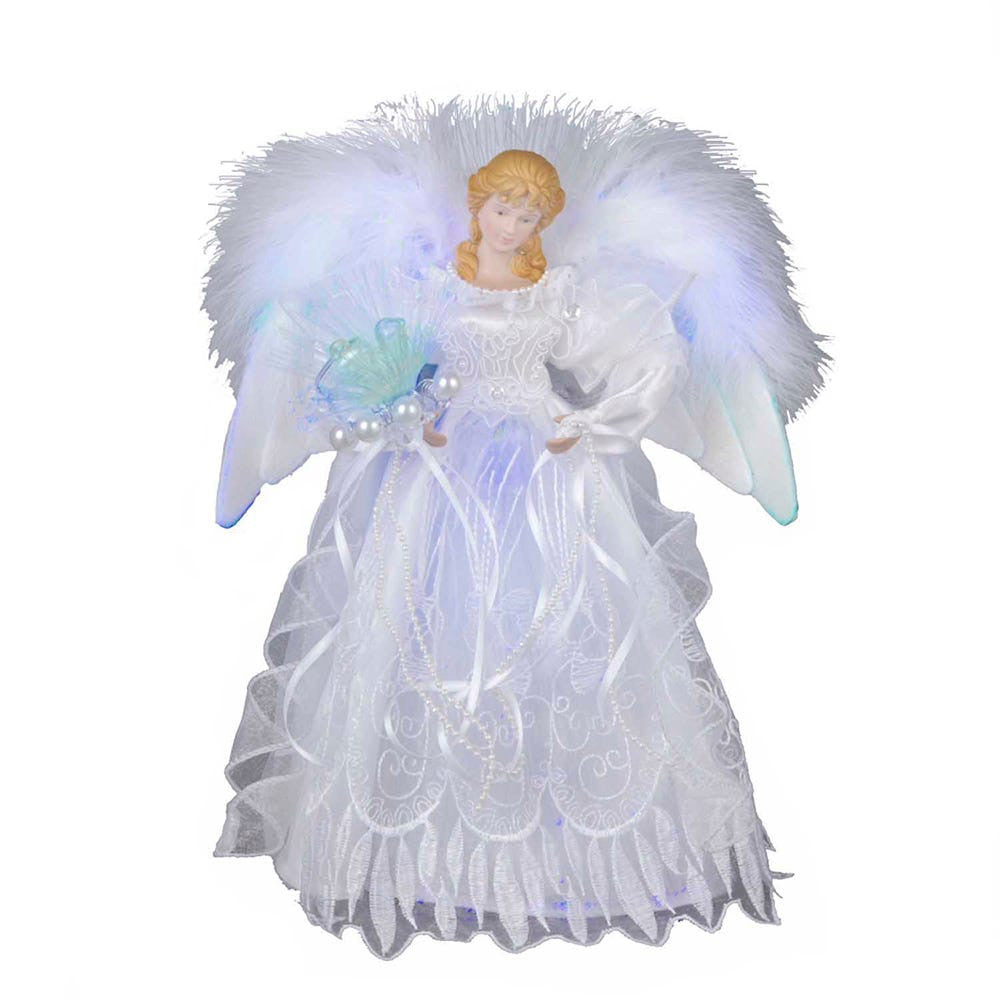 12"10L Warm White LED Fiber-Optic White and Silver Angel Treetop