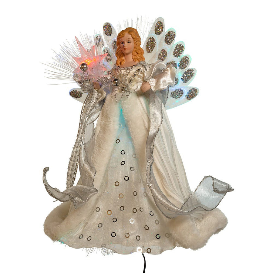 12" 7L Warm White LED Fiber-Optic White and Silver Angel Treetop