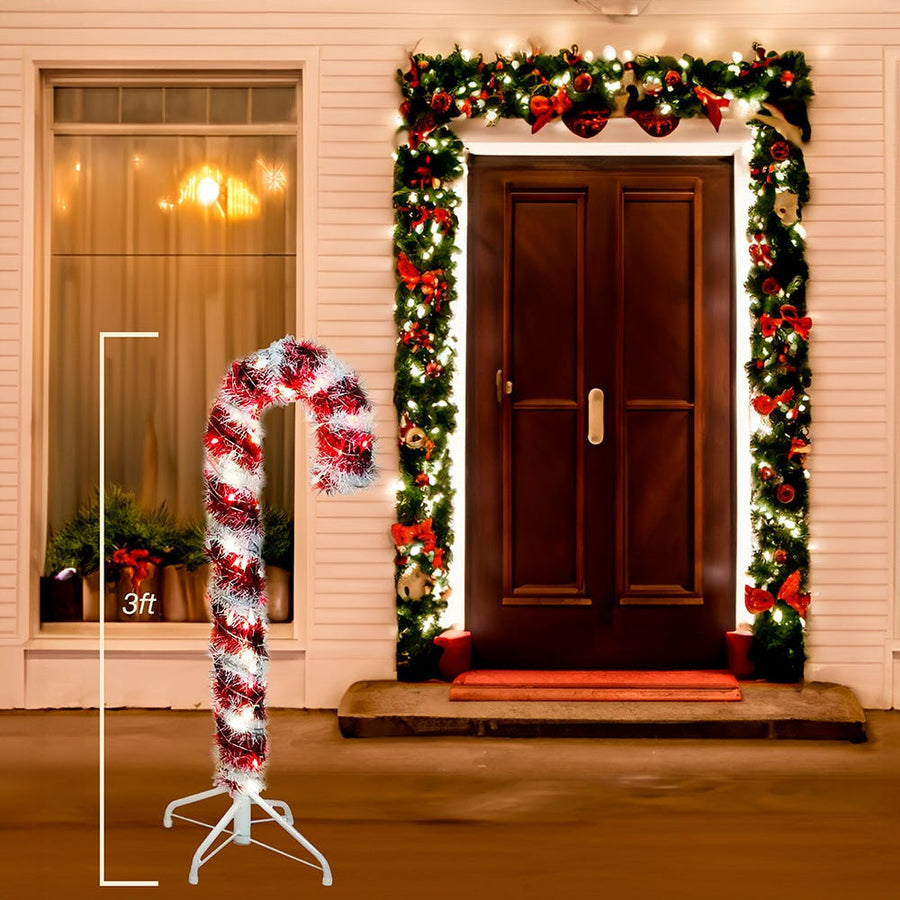 3' Pre-Lit LED Tinsel Candy Cane