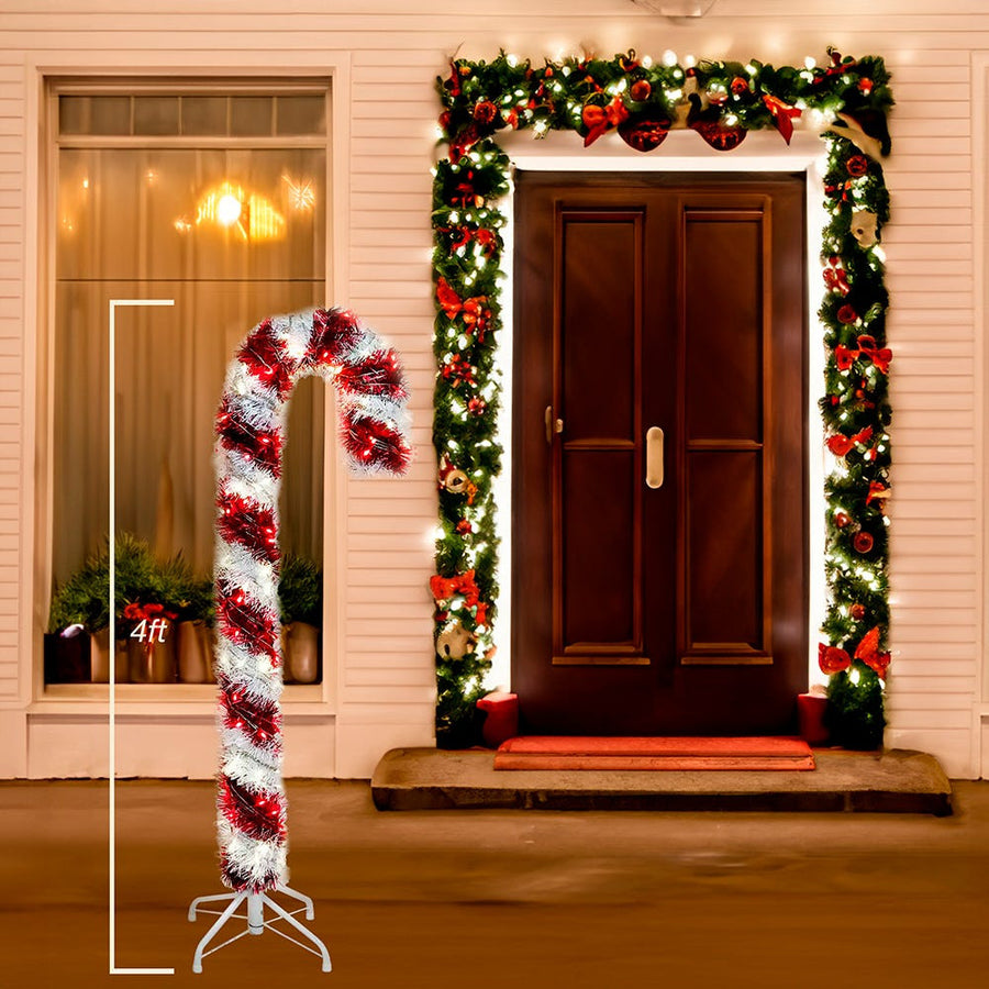 4' Pre-Lit LED Tinsel Candy Cane