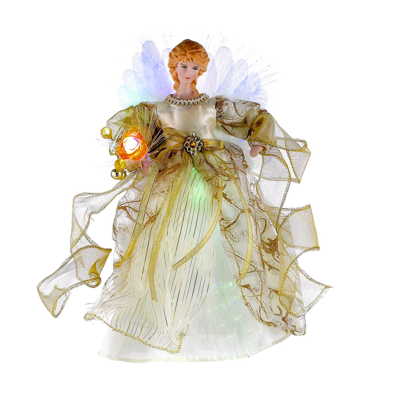 12" 7L LED Color-Changing Fiber-Optic Ivory and Gold Angel Treetop