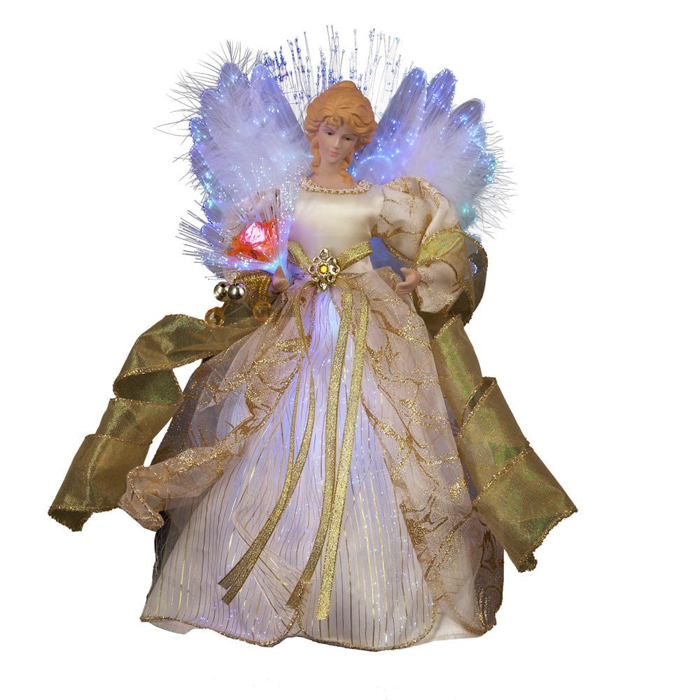 12" 7L LED Color-Changing Fiber-Optic Ivory and Gold Angel Treetop