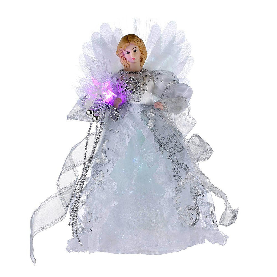 12" 7L LED Color-Changing Fiber-Optic White and Silver Angel Treetop