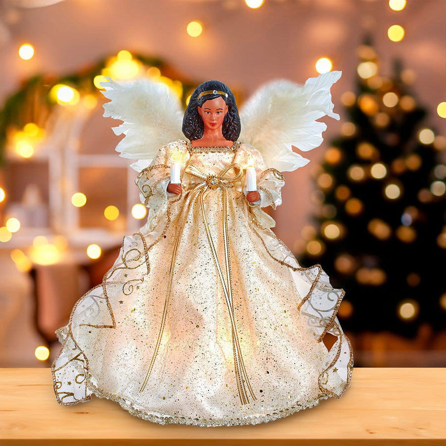 12" UL 10L Ivory & Gold African American Angel Treetop