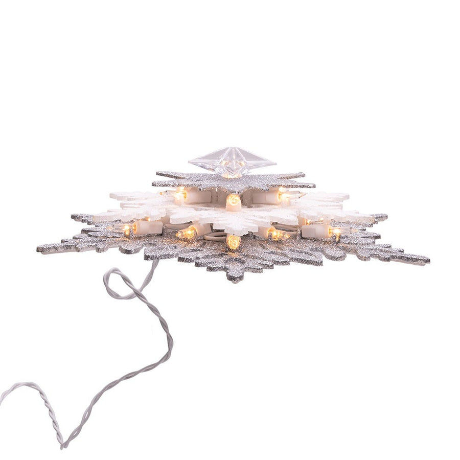 13.75" 20L Warm White LED Silver & White Glittered Snowflake Treetop