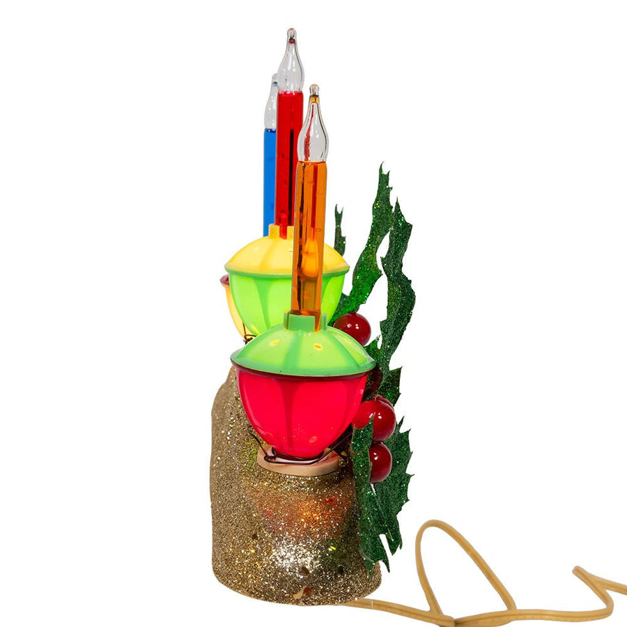 6.9" Holly Berry & Greenery With Gold Base Three Bubble Light Table Piece