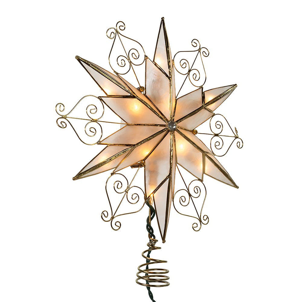 9" UL 10L 6-Point Capiz Star With Scroll Design Treetop