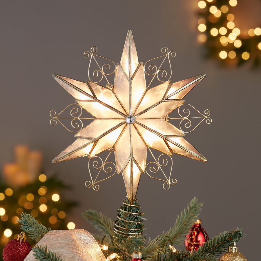 9" UL 10L 6-Point Capiz Star With Scroll Design Treetop