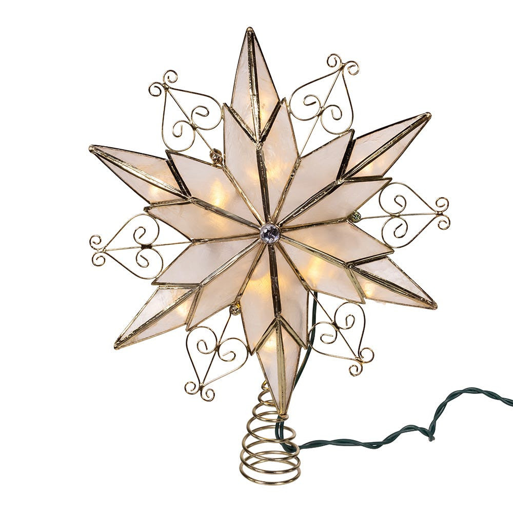 UL 10L LED 6-Point Brass Plated Capiz Star With Scroll Design Treetop
