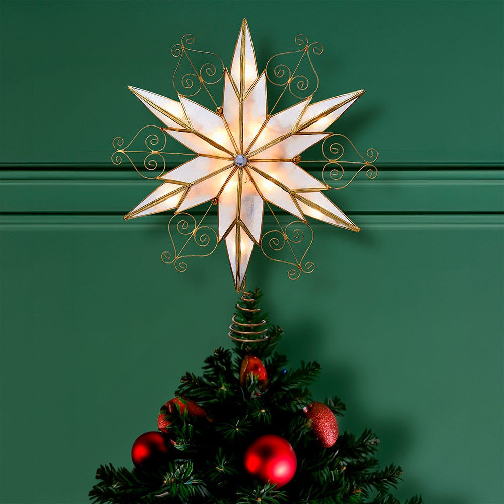 UL 10L LED 6-Point Brass Plated Capiz Star With Scroll Design Treetop