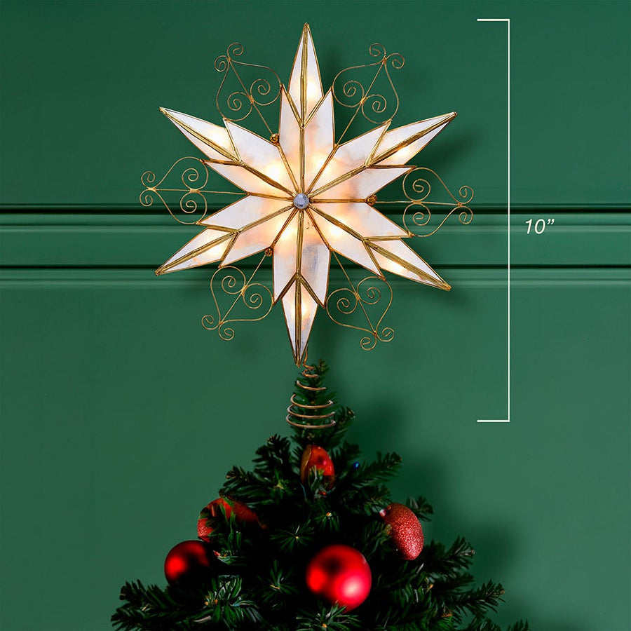 UL 10L LED 6-Point Brass Plated Capiz Star With Scroll Design Treetop