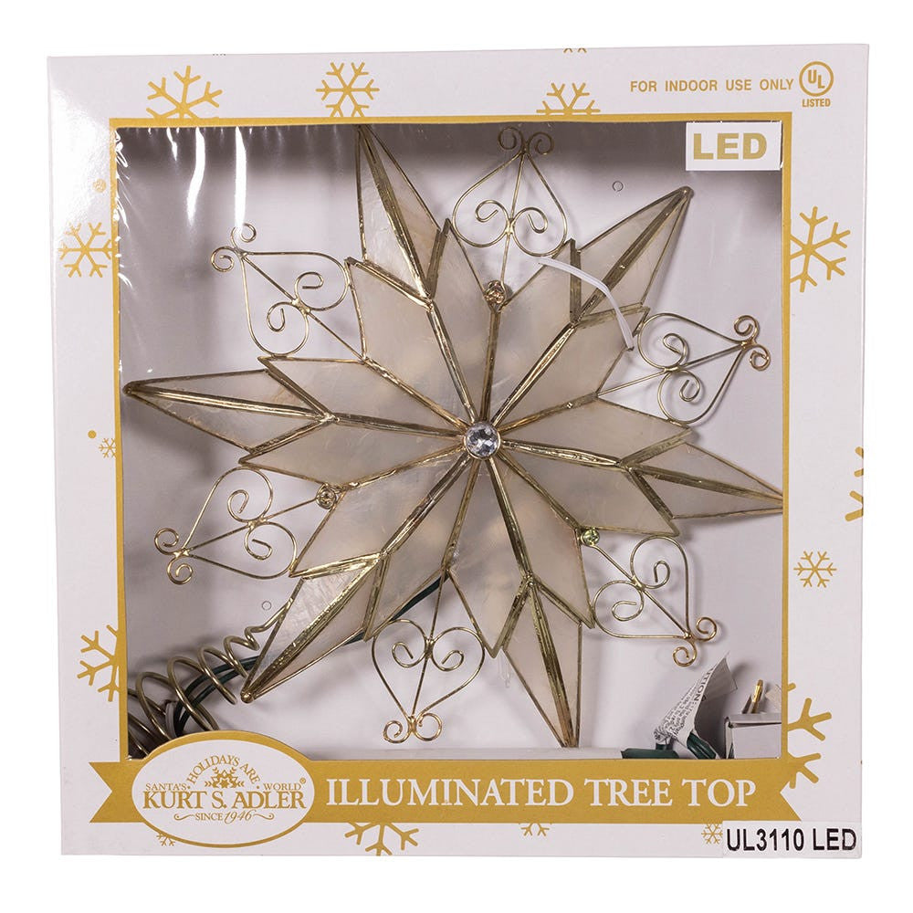 UL 10L LED 6-Point Brass Plated Capiz Star With Scroll Design Treetop