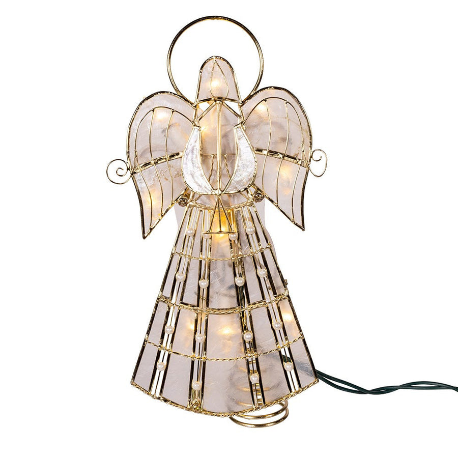 9.75" 10L LED Capiz Wire & Scroll Angel With Brass Plating Finish Treetop