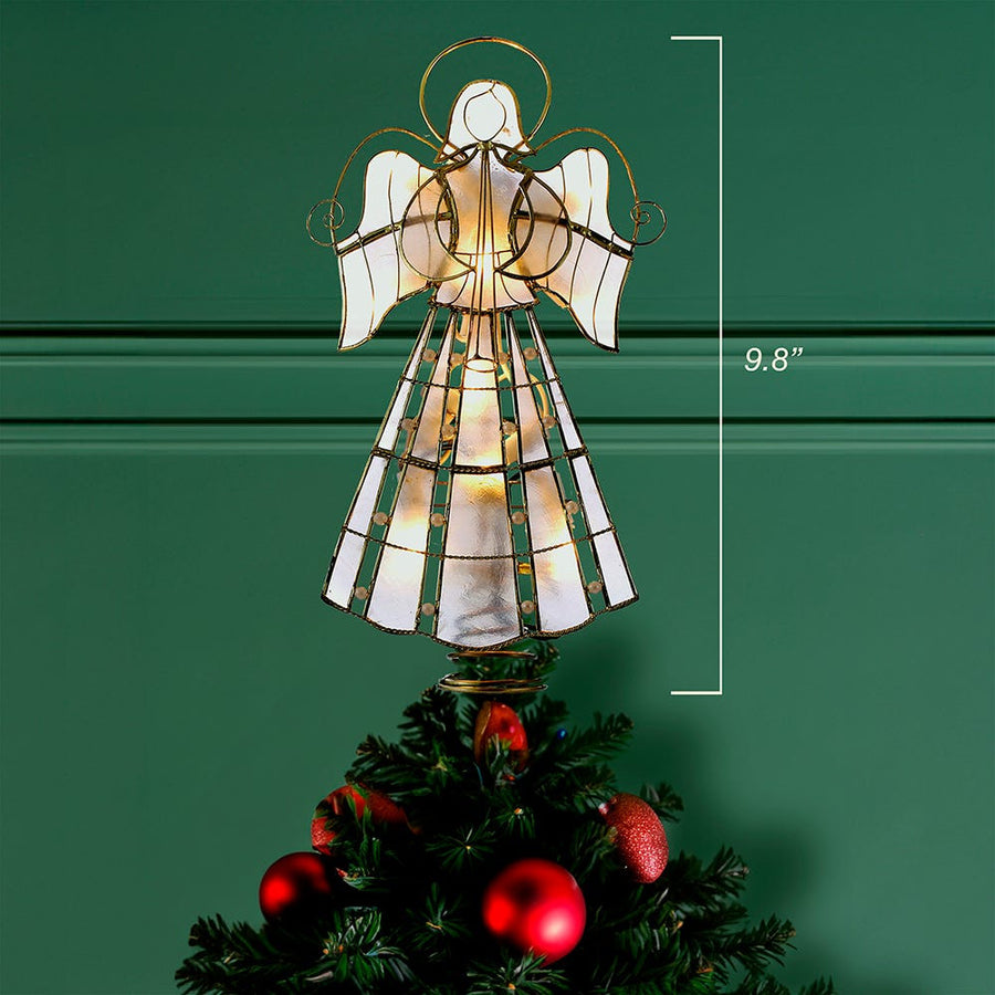 9.75" 10L LED Capiz Wire & Scroll Angel With Brass Plating Finish Treetop