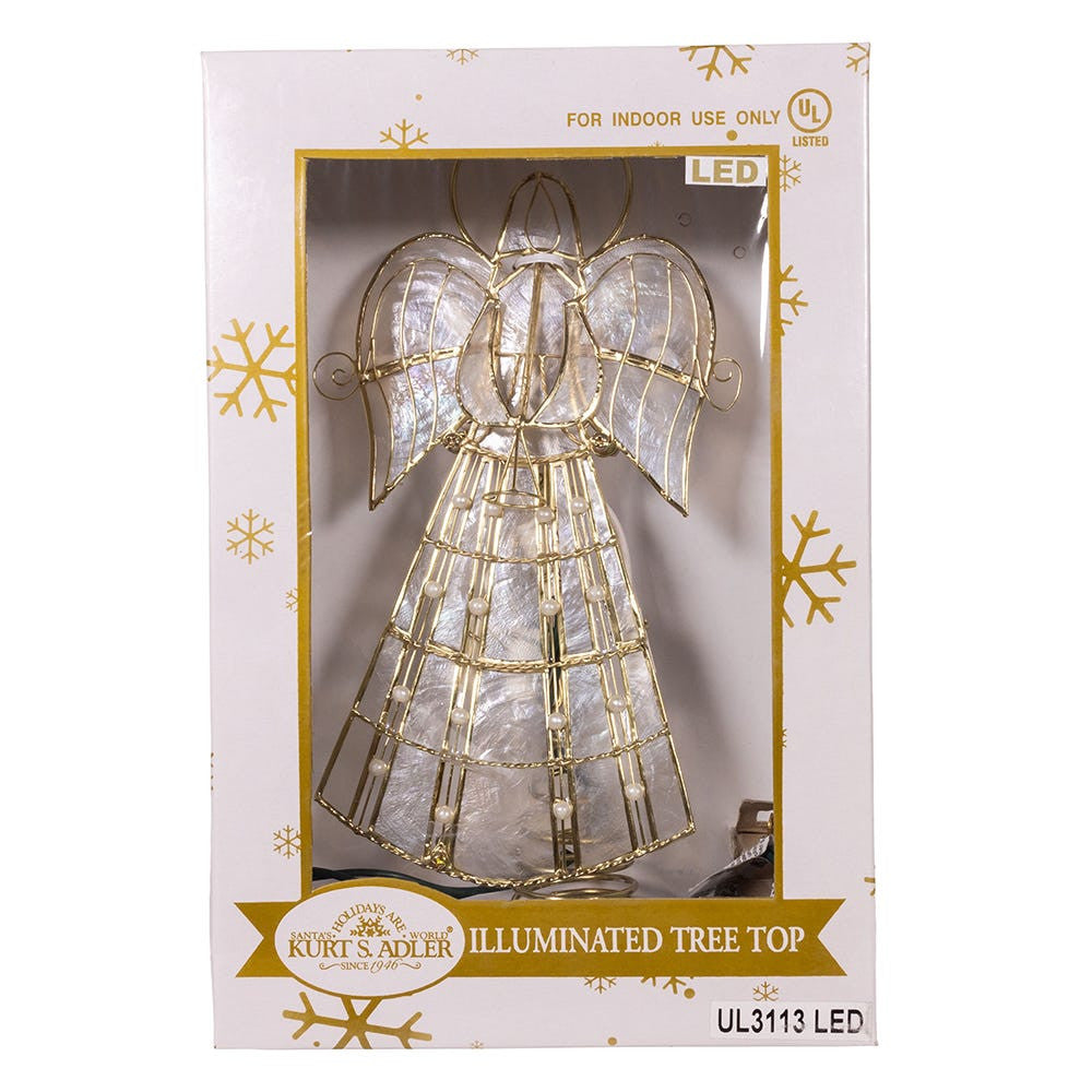 9.75" 10L LED Capiz Wire & Scroll Angel With Brass Plating Finish Treetop