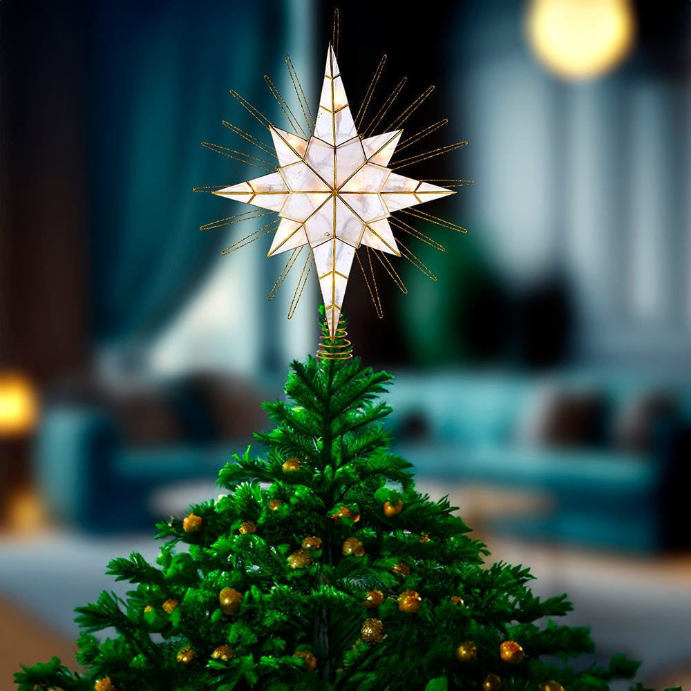14" UL 10L Capiz Gold Glitter Bethlehem Star Treetop