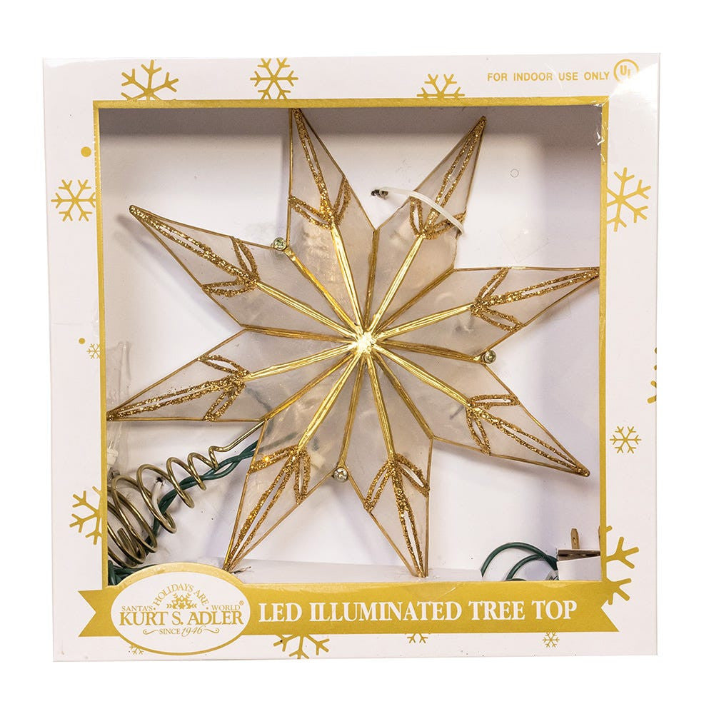 14" 10L 8-Point Gold With Glitter Finish Capiz Star Treetop