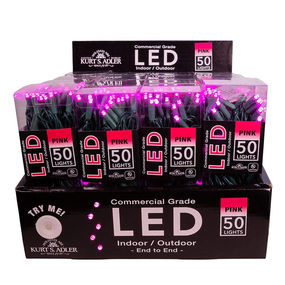 24.5' UL 50L Pink 5MM LED Connectible Light Set With Green Wire