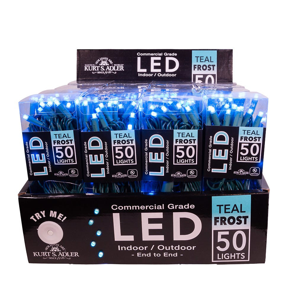 24.5' UL 50L Teal Frost 5MM LED Connectible Light Set With Green Wire