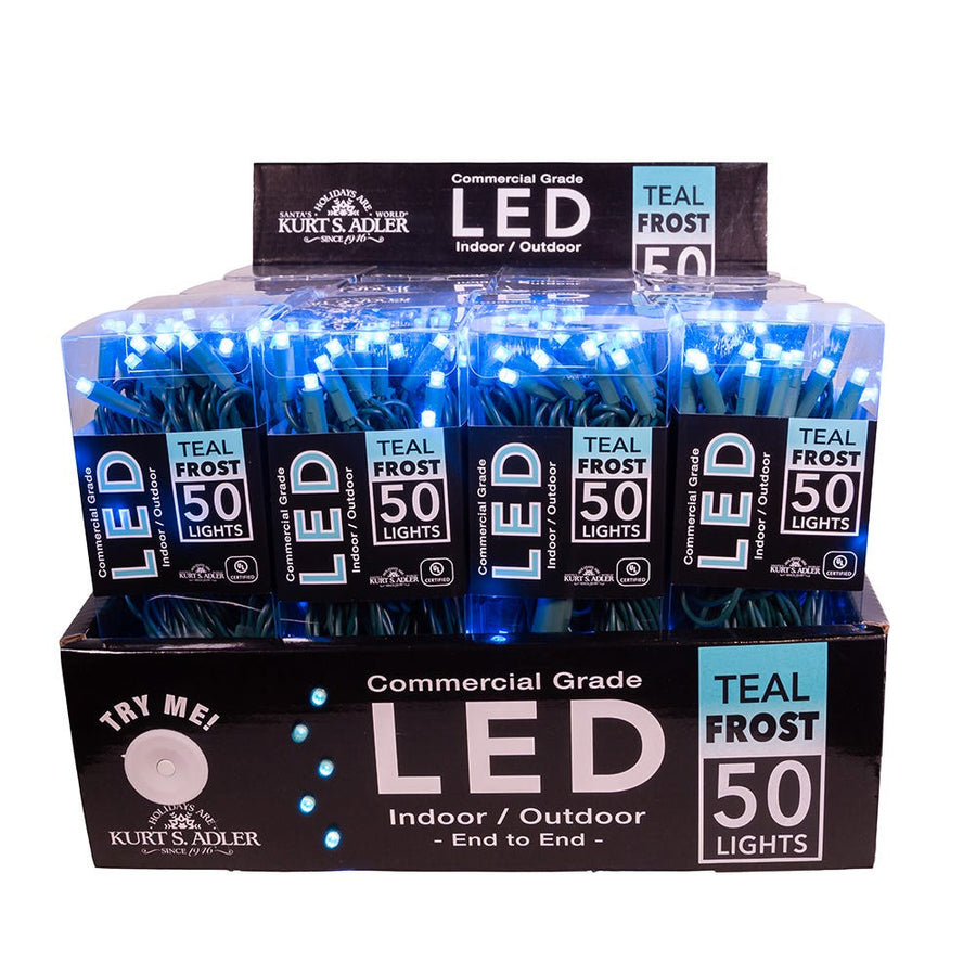 24.5' UL 50L Teal Frost 5MM LED Connectible Light Set With Green Wire