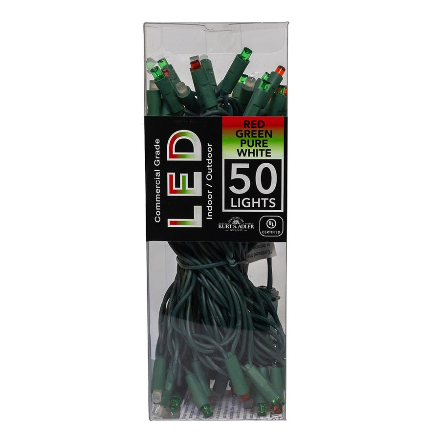 24.5' UL 50L Red, Green & Pure White Frosted 5MM LED Connectible Light Set With Green Wire