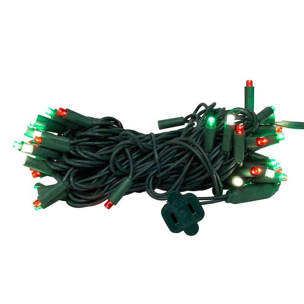 24.5' UL 50L Red, Green & Pure White Frosted 5MM LED Connectible Light Set With Green Wire
