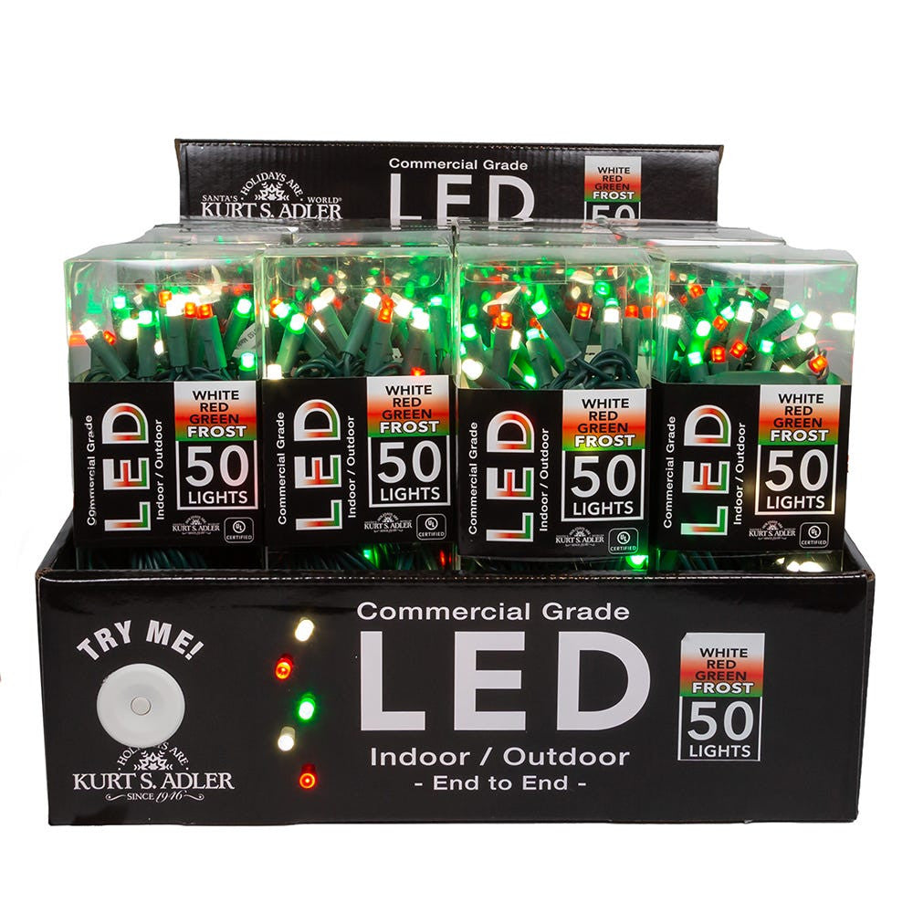 24.5' UL 50L Pure White, Red & Green Frost 5MM LED Connectible Light Set With Green Wire