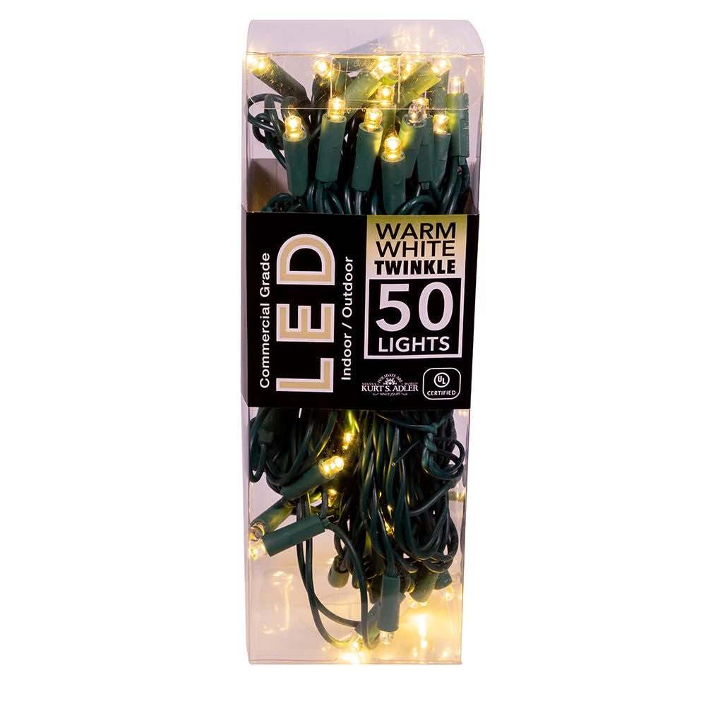 24.5' UL 50L Warm White Twinkle 5MM LED Connectible Light Set With Green Wire