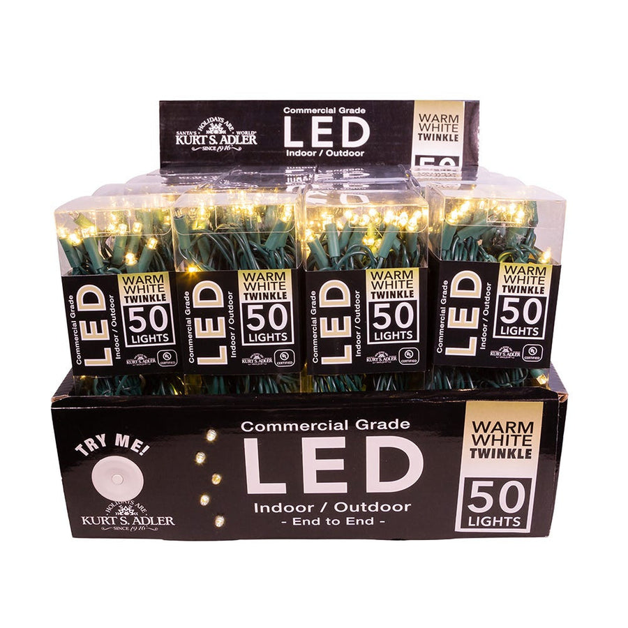 24.5' UL 50L Warm White Twinkle 5MM LED Connectible Light Set With Green Wire