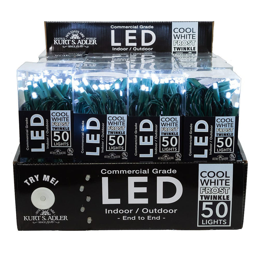 24.5' UL 50L Cool White Frost Twinkle 5MM LED Connectible Light Set With Green Wire