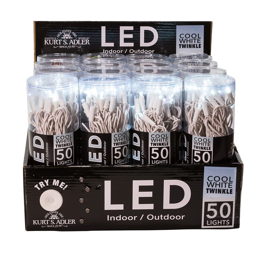 24.5' UL 50L Cool White Twinkle 5MM LED Connectible Light Set With White Wire