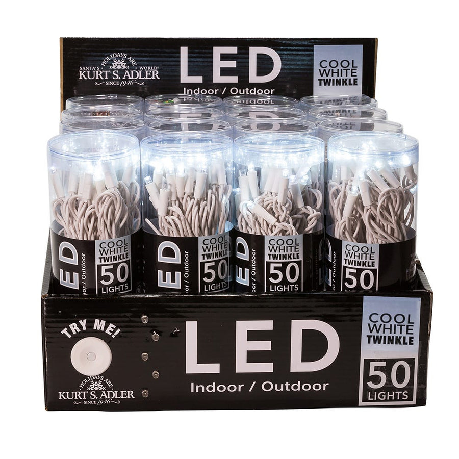 24.5' UL 50L Cool White Twinkle 5MM LED Connectible Light Set With White Wire