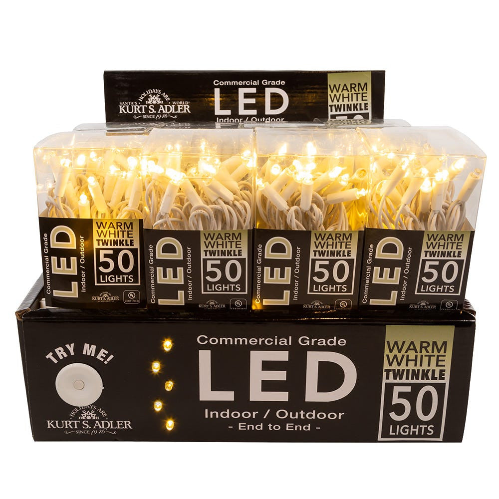 24.5' UL 50L Warm White Twinkle 5MM LED Connectible Light Set With White Wire
