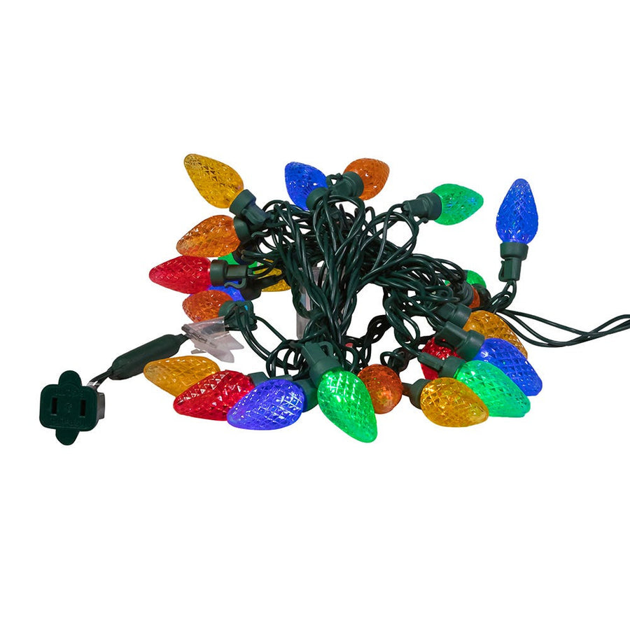 12' UL 25L Multicolored Faceted C7 LED Connectible Light Set With Green Wire