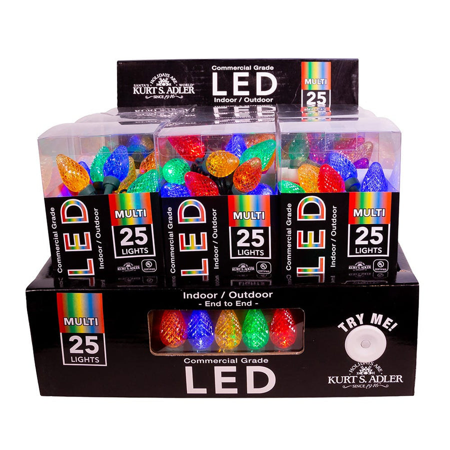 12' UL 25L Multicolored Faceted C7 LED Connectible Light Set With Green Wire