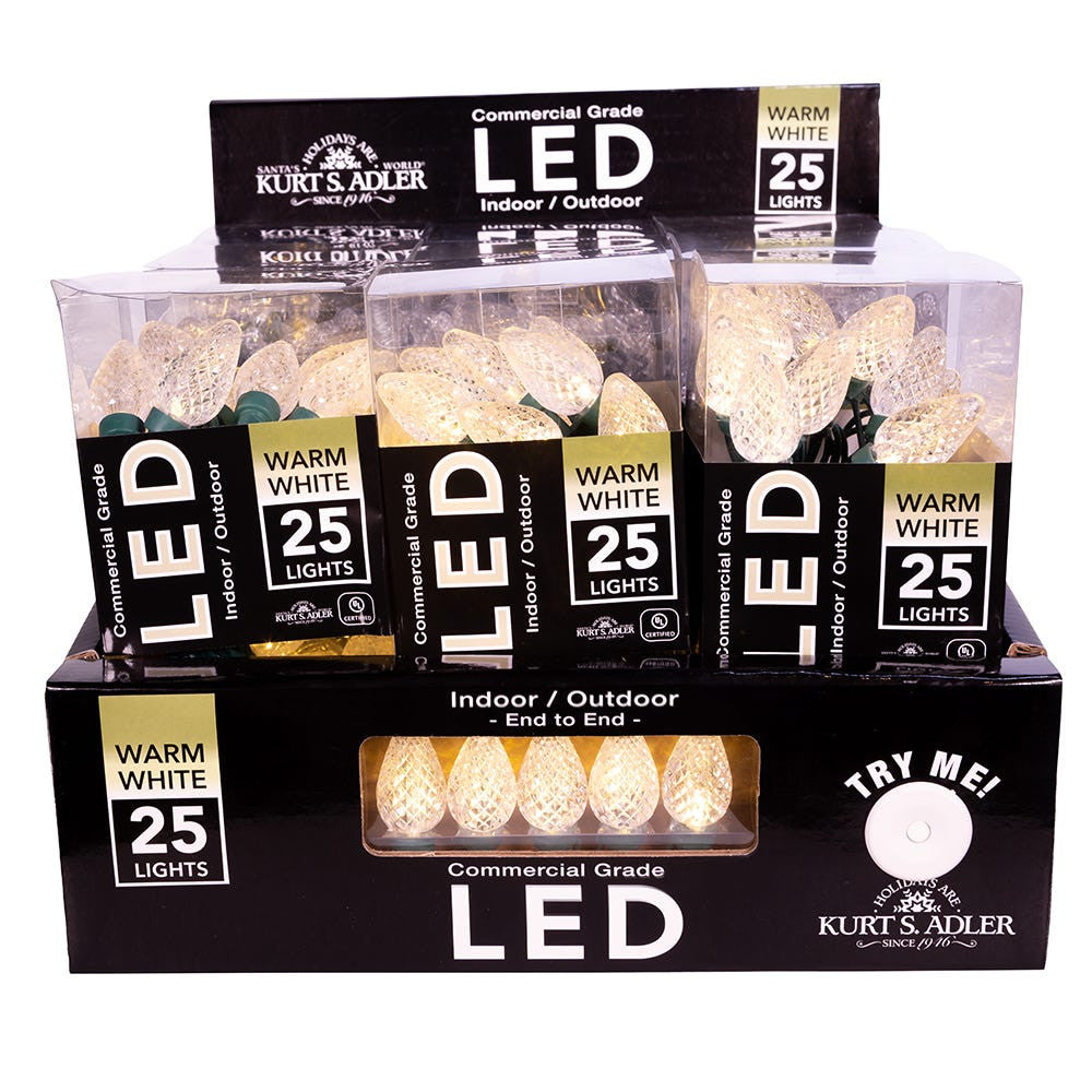 12' UL 25L Warm White Faceted C7 LED Connectible Light Set With Green Wire