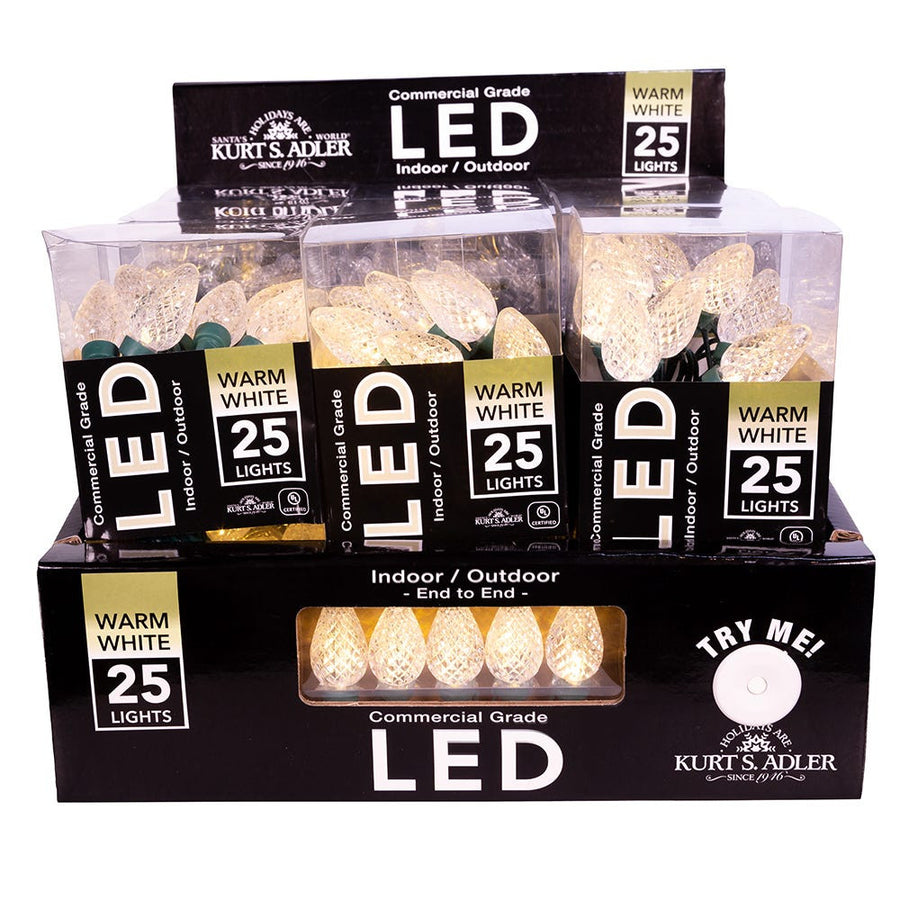 12' UL 25L Warm White Faceted C7 LED Connectible Light Set With Green Wire