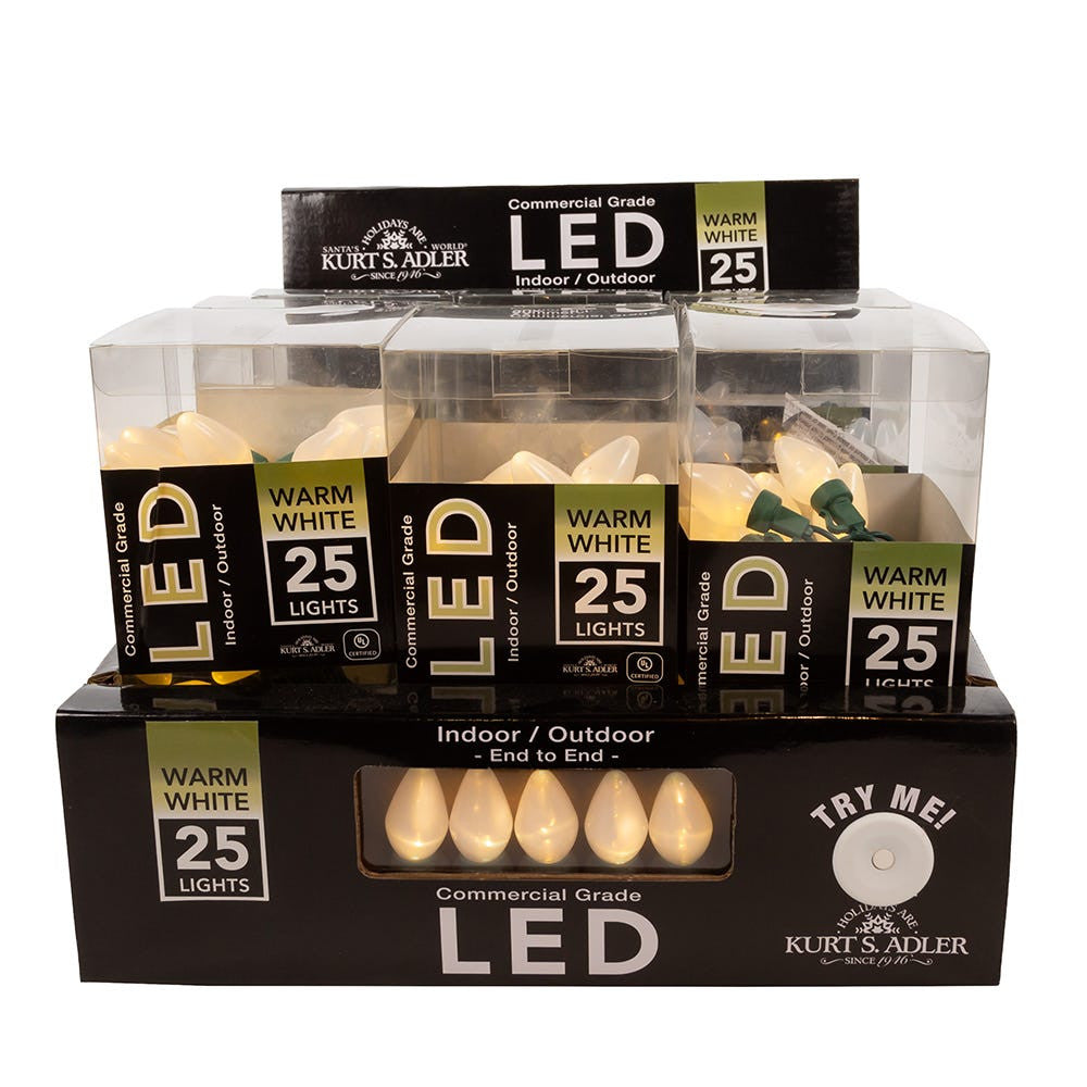 12' UL 25L Warm White Pearl C7 LED Connectible Light Set With Green Wire