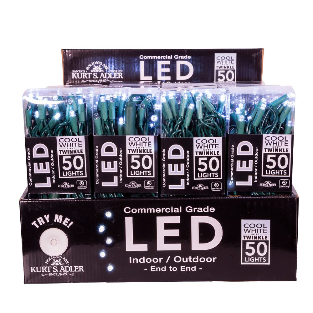 24.5' UL 50L Cool White Soft Twinkle 5MM LED Connectible Light Set With Green Wire