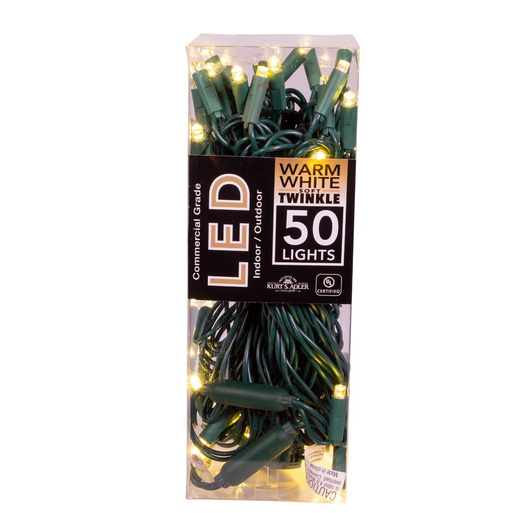 24.5' UL 50L Warm White Soft Twinkle 5MM LED Connectible Light Set With Green Wire