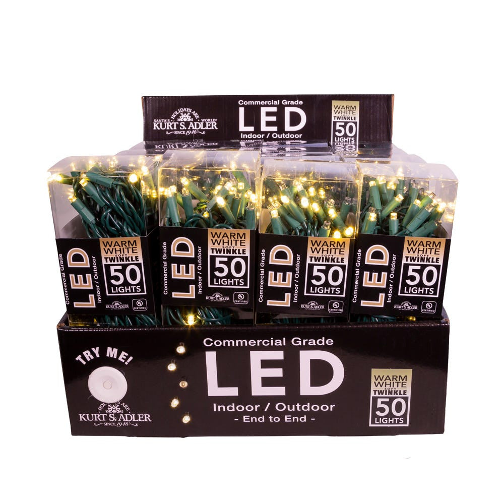 24.5' UL 50L Warm White Soft Twinkle 5MM LED Connectible Light Set With Green Wire