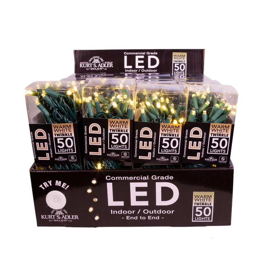 24.5' UL 50L Warm White Soft Twinkle 5MM LED Connectible Light Set With Green Wire
