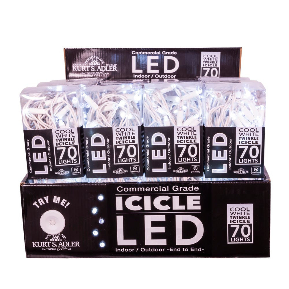 7.5' UL 70L Cool White Soft Twinkle 5MM LED Connectible Icicle String Light With White Wire