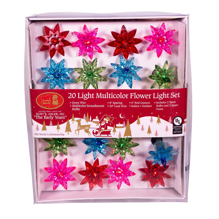 15.5' UL 20-Light Multicolored Flower Green Wire Light Set