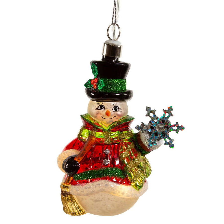 Glass Illuminated Gems USB Warm White LED Snowman With Snowflake Ornament