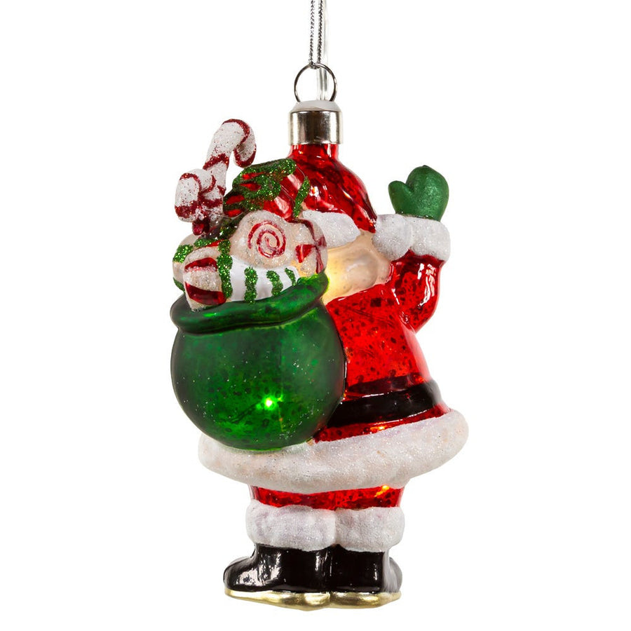 Glass Illuminated Gems USB Warm White LED Santa With Gift Bag Ornament