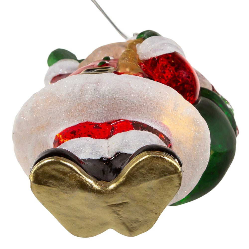 Glass Illuminated Gems USB Warm White LED Santa With Gift Bag Ornament